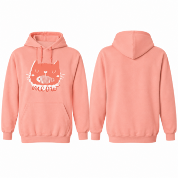 Coral and White Cat Graphic Pullover Hoodie