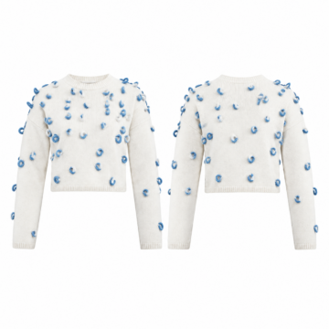 White and Blue Cropped Knit Sweater with 3D Loop Details
