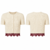 Cream and Maroon Ribbed Knit Cropped Cardigan with Lace Trim