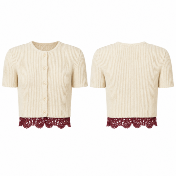 Cream and Maroon Ribbed Knit Cropped Cardigan with Lace Trim
