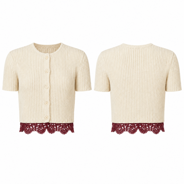 Cream and Maroon Ribbed Knit Cropped Cardigan with Lace Trim