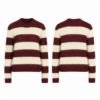 Maroon and Cream Striped Fuzzy Knit Crew Neck Sweater