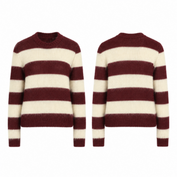 Maroon and Cream Striped Fuzzy Knit Crew Neck Sweater