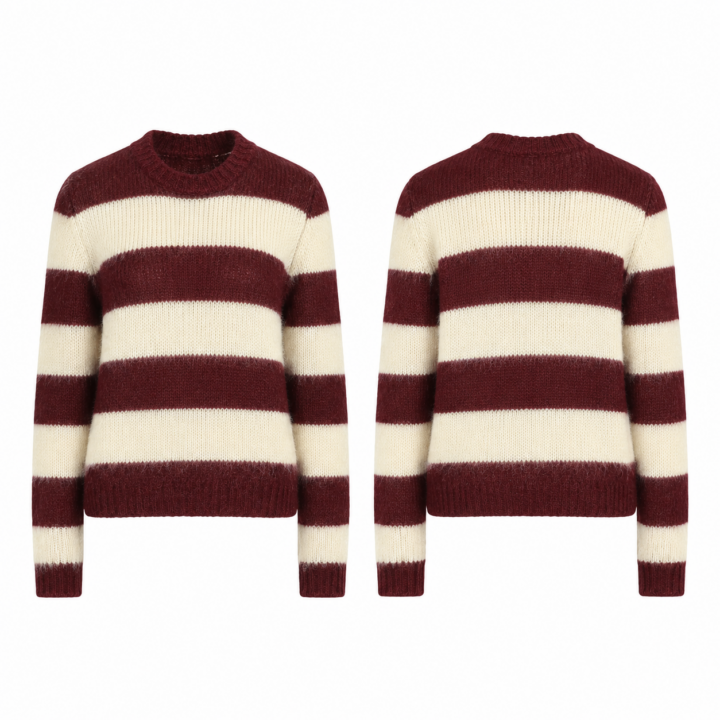 Maroon and Cream Striped Fuzzy Knit Crew Neck Sweater