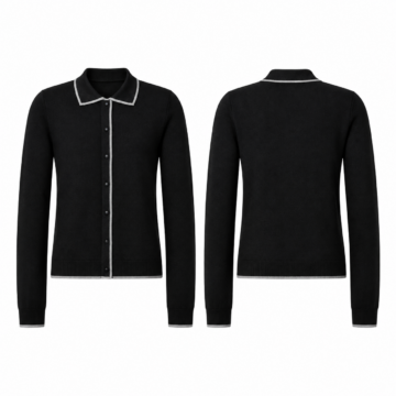 Black and Silver Knit Cardigan with Polo Collar and Contrast Trim