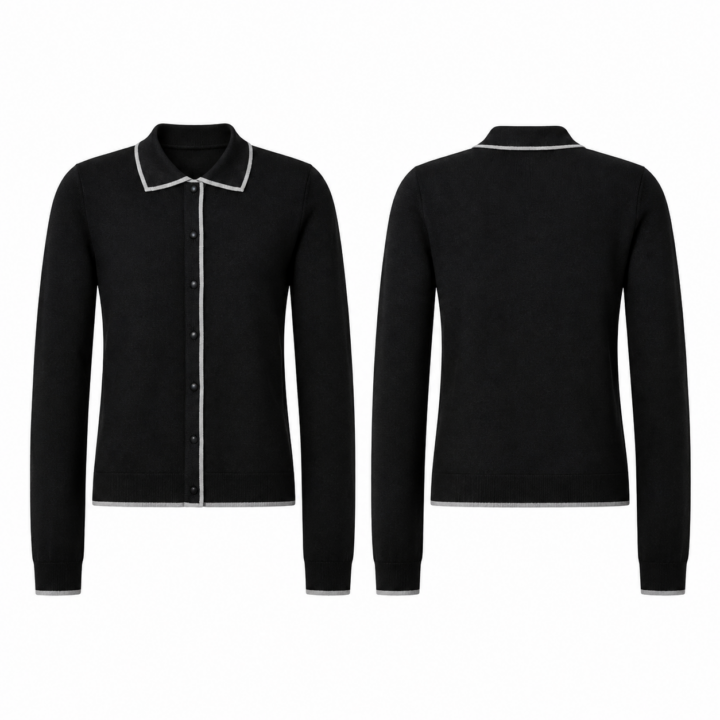 Black and Silver Knit Cardigan with Polo Collar and Contrast Trim
