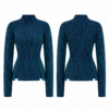 Navy and Turquoise Ribbed Knit Mock Neck Sweater with Side Slits