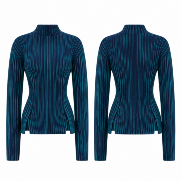Navy and Turquoise Ribbed Knit Mock Neck Sweater with Side Slits