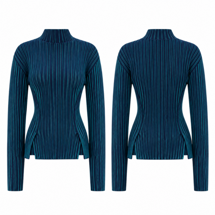 Navy and Turquoise Ribbed Knit Mock Neck Sweater with Side Slits