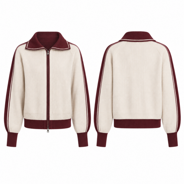 White and Burgundy Ribbed Zip-Up Cardigan