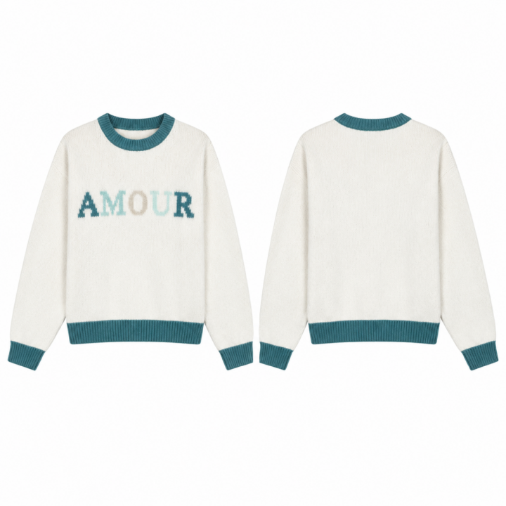 White and Teal Intarsia-Knit Graphic Crew Neck Sweater