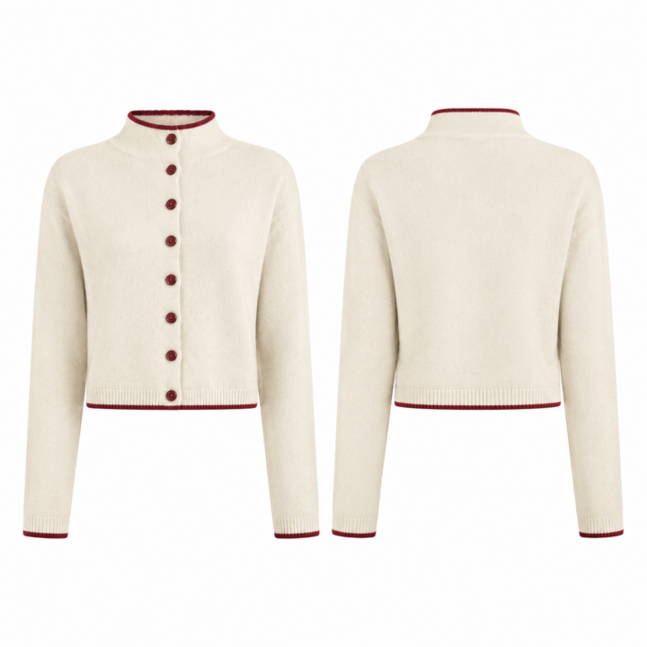 Camel Cropped Mock Neck Knit Cardigan with Contrast Buttons