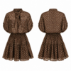 Gold and Brown Polka Dot Mini Dress with Tie Neck and Balloon Sleeves