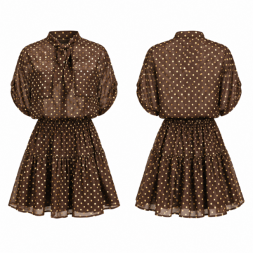 Gold and Brown Polka Dot Mini Dress with Tie Neck and Balloon Sleeves