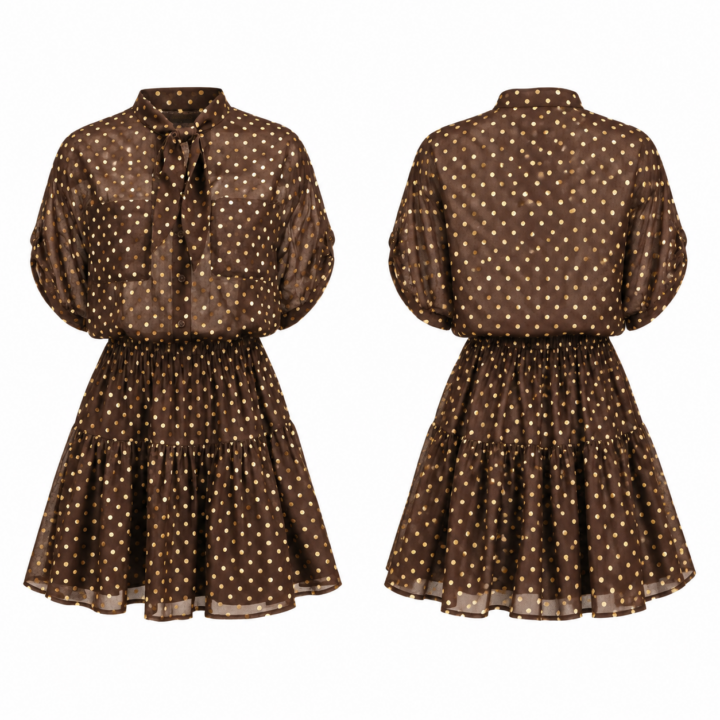 Gold and Brown Polka Dot Mini Dress with Tie Neck and Balloon Sleeves