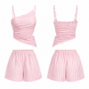 White and Pink Striped Two-Piece Set with Ruched Cami Top and Shorts