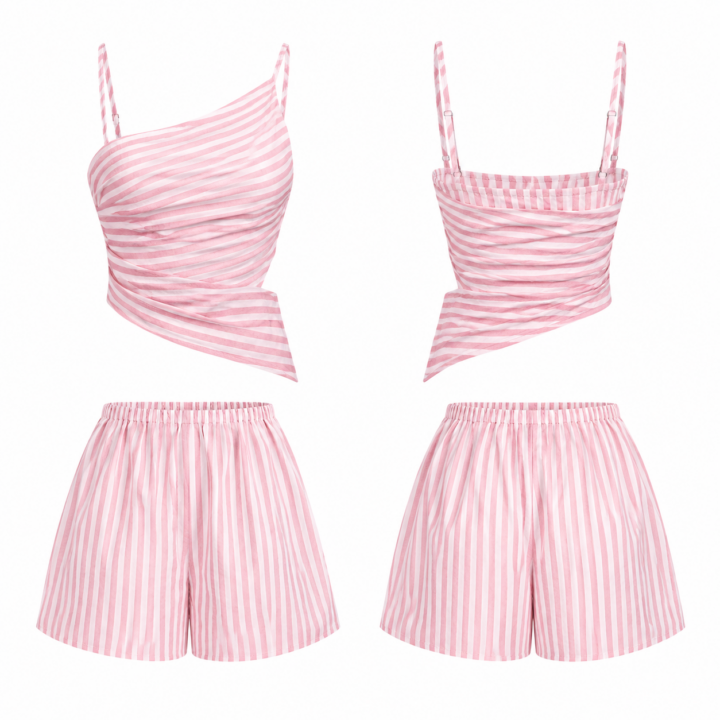 White and Pink Striped Two-Piece Set with Ruched Cami Top and Shorts