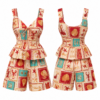 Red and Gold Maritime Print Two-Piece Set with Peplum Top and Wide-Leg Shorts