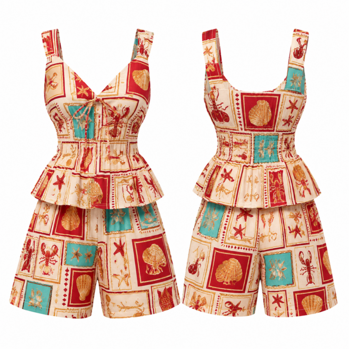Red and Gold Maritime Print Two-Piece Set with Peplum Top and Wide-Leg Shorts