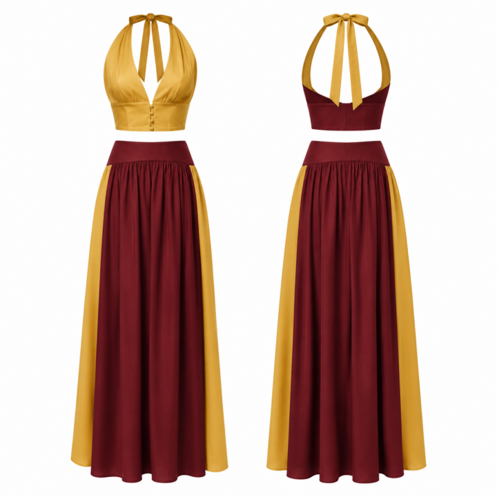 Gold and Maroon Halter Two-Piece Set with Cropped Top and Maxi Skirt
