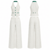 White and Emerald Halter Neck Button Front Vest and Wide Leg Trousers Set