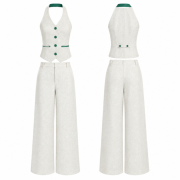 White and Emerald Halter Neck Button Front Vest and Wide Leg Trousers Set
