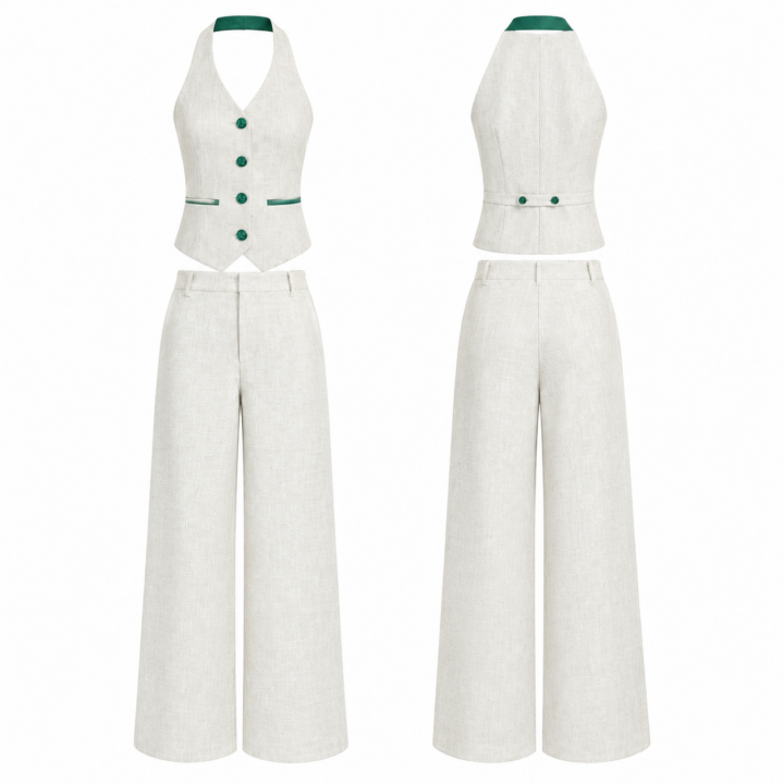 White and Emerald Halter Neck Button Front Vest and Wide Leg Trousers Set