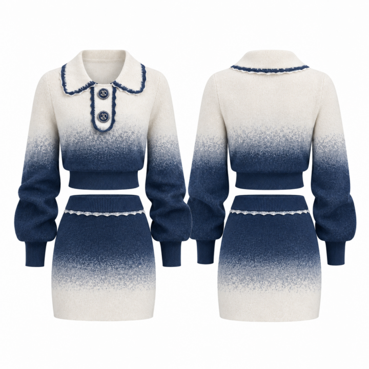 White and Navy Ombre Knit Cropped Top and Mini Skirt Set