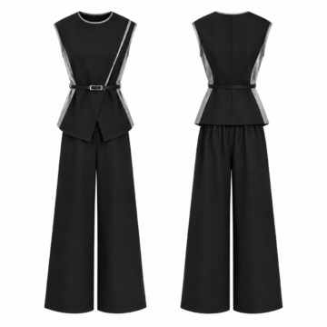 Black and Silver Sleeveless Peplum Top and Wide Leg Trousers Set