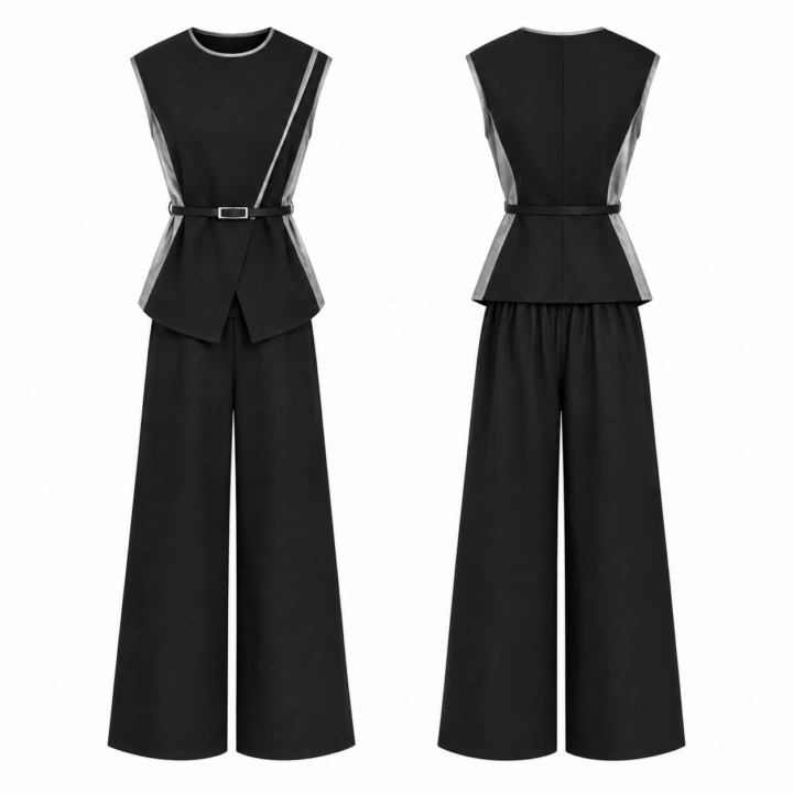 Black and Silver Sleeveless Peplum Top and Wide Leg Trousers Set