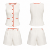 White and Coral Sleeveless Button Front Vest and High Waisted Shorts Set