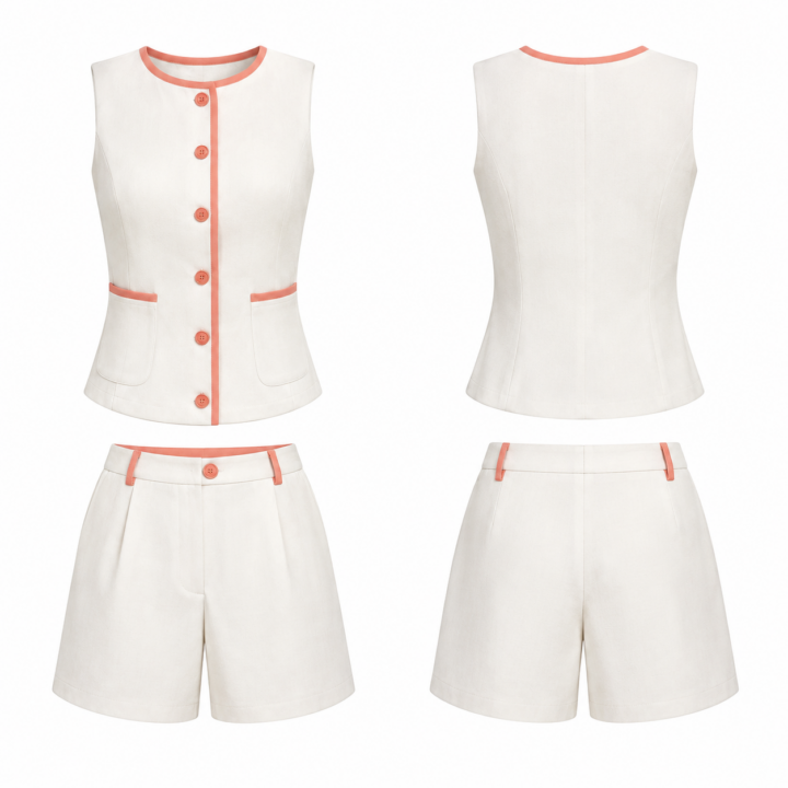 White and Coral Sleeveless Button Front Vest and High Waisted Shorts Set