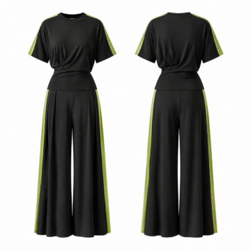 Black and Lime Two-Piece Set with Crew Neck Top and Wide-Leg Pleated Pants