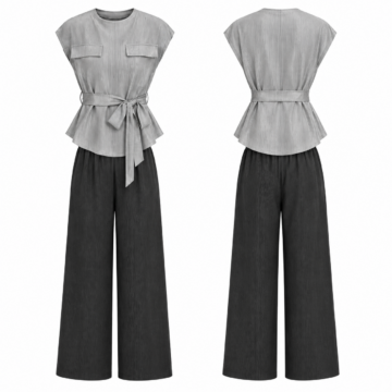 Silver and Black Ribbed Two-Piece Set with Cap Sleeve Top and Wide-Leg Trousers