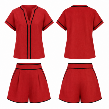 Red and Black Two-Piece Set with Split Neck Top and High-Waisted Pleated Shorts