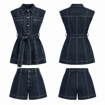 Black and Cyan Denim Two-Piece Set with Sleeveless Collared Top and High-Waisted Shorts