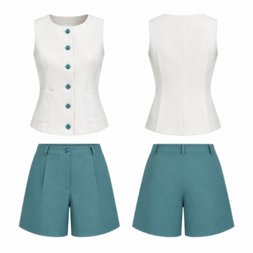 White and Teal Sleeveless Vest and Shorts Two-Piece Set