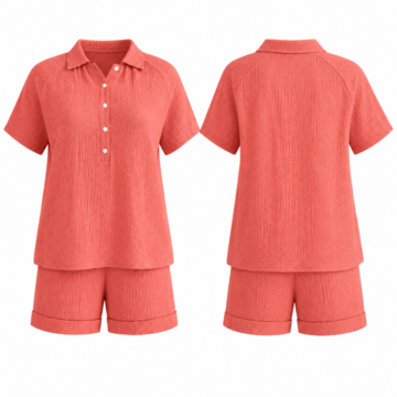 Coral and White Collared Crinkle Two-Piece Shorts Set