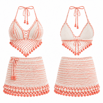 White and Coral Crochet Halter Top and Mini Skirt Set