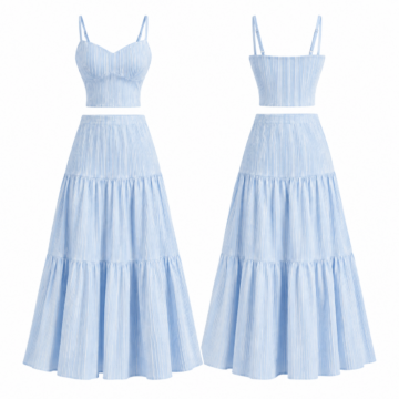 Sky Blue and White Ribbed Cami and Tiered Maxi Skirt Set