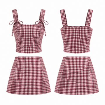 Burgundy and White Gingham Tie-Front Top and Mini Skirt Set
