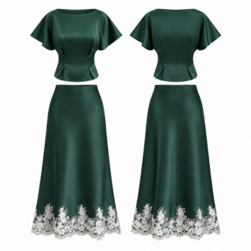 Emerald and White Flutter Sleeve Top and Midi Skirt Two-Piece Set