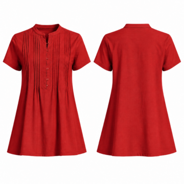 Red and Black Mandarin Collar Pintuck Blouse