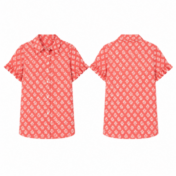 Coral and White Floral Button-Up Shirt with Ruffle Sleeves