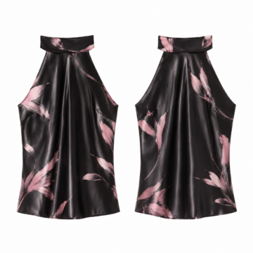 Black and Pink Sleeveless Mock Neck Draped Top
