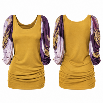 Gold and Purple Sleeveless Mock Neck Draped Top