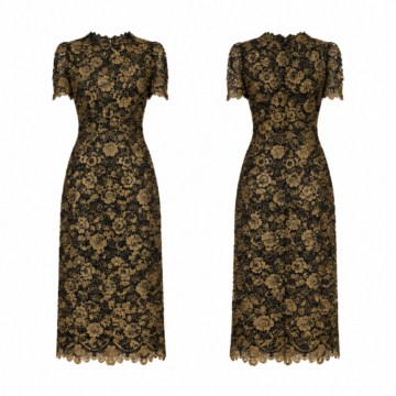 Black and Gold Floral Lace Sheath Midi Dress