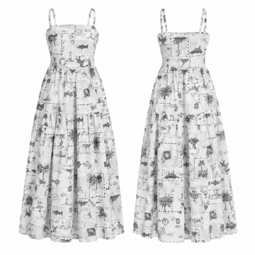 Black and Gray Travel Print A-Line Midi Dress