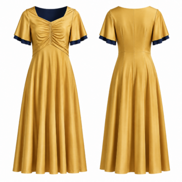 Gold and Navy Ruched Fit-and-Flare Midi Dress with Flutter Sleeves