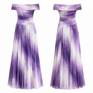 Purple and White Off-the-Shoulder Pleated Maxi Dress